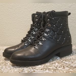 Real Leather Pearl & Pyramid Studded Lace Up Booties